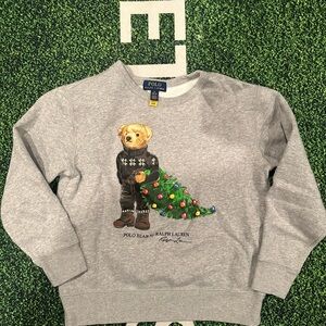 Ralph Lauren Polo Bear Christmas Tree Gray Sweatshirt Size M Kids 8-10